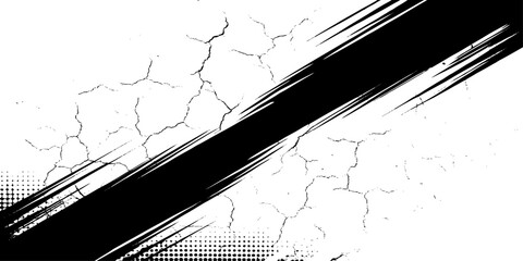 Abstract background with diagonal black brush strokes and cracked white texture overlay design element