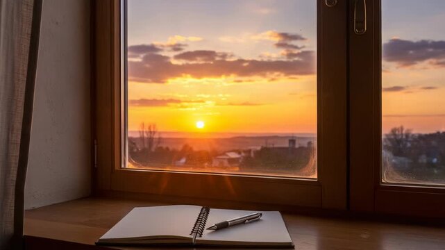 Sunset shining through the window on a diary and pen on a wooden windowsill
