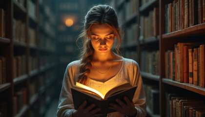 Young woman engrossed in glowing book amidst library filled with vintage books. Light emanates from pages, creating mystical, enchanted atmosphere. Focused expression, surrounding antique bookshelves