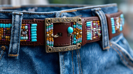 Vibrant beaded belt enhances stylish denim jeans during a sunny day outdoors
