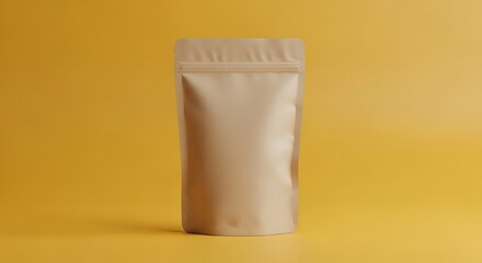 Brown paper bag standing against a yellow background for product display