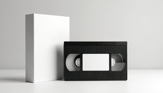 Realistic VHS tape and blank case mockup. Minimalist design, retro theme. Plastic cassette with label ready for custom artwork, branding. High-quality presentation for vintage media.