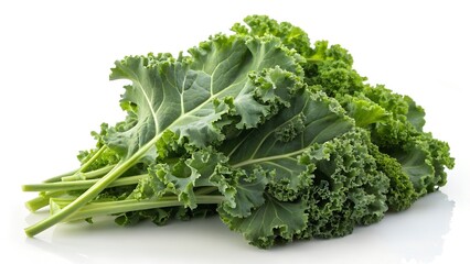 Fresh green kale leaves on a white background
