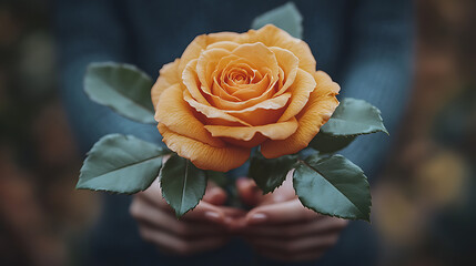 Tender Hands Offering a Single Peach Rose