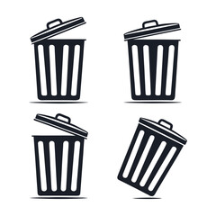 Set of four black and white trash can icons with open and closed lids