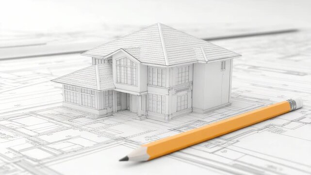 Architectural blueprint with detailed house drawing and pencil on plans