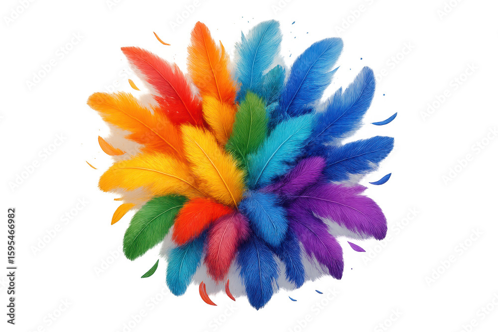 Poster colorful feathers arranged in a circular shape creating a vibrant and festive atmosphere, ideal for 