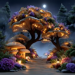 Dreamy mushroom forest lights on misty path high resolution picture
