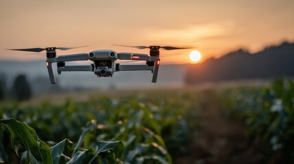 Exploring modern agriculture as a drone captures sunrise over expansive cornfields