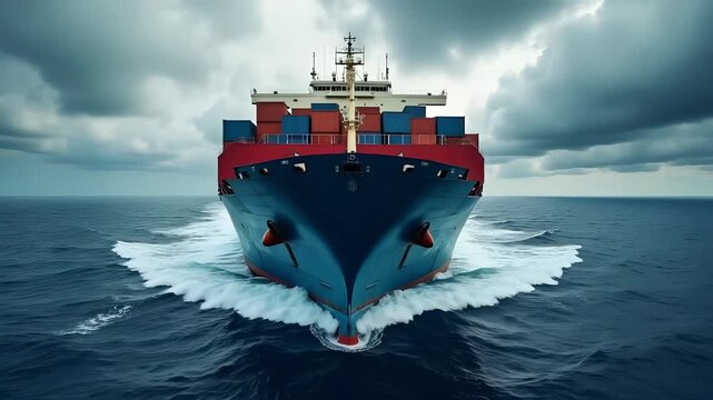 Front-facing shot of a cargo ship sailing through the sea, splitting water as it moves forward. Ideal for global trade, shipping, and maritime logistics visuals.