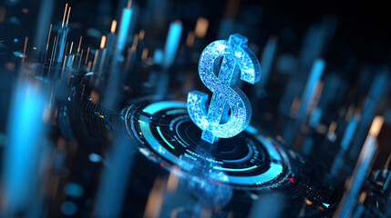 Glowing blue digital dollar symbol on futuristic H U D interface with abstract background currency money