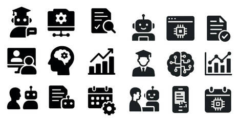 Collection of icons that represent various aspects of technology and education. The icons include a robot, a brain, a computer, a calendar, and a person. Scene is one of innovation and progress