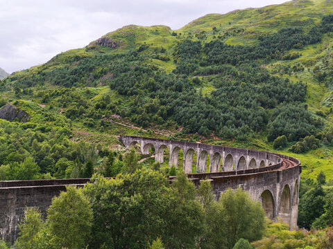 Railway road in the mountains of Scotland. Beautiful landscape