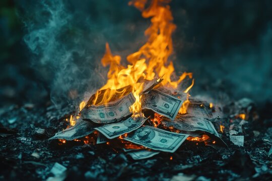 Pile of money engulfed in flames creates a striking visual representation of loss and waste, Pile of money burning