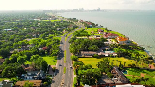 Aerial view of a coastal city with houses and green trees
