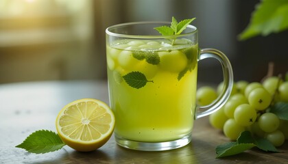 Fototapeta premium Refreshing Green Grape Lemon Tea – A Citrusy, Fruity Iced Beverage Perfect for Summer Sipping, Healthy Detox Drink with Natural Flavors and Antioxidants