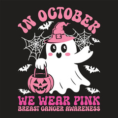 In October We Wear Pink PNG Png, Retro Breast Cancer Png, Breast Cancer Awareness Png, Halloween Pink Ghost png, Halloween Shirt Sublimation
