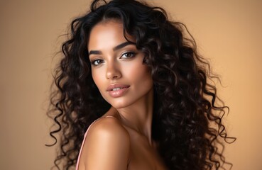 Portrait of young woman with long, dark curly hair. Flawless skin, elegant makeup, posing against soft beige background. Natural complexion, subtle, toned look convey beauty, sophistication.