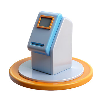 Modern ATM illustration: An illustrated ATM machine, streamlined design with interactive screen interface on a rounded base. A perfect visual for finance and technology.