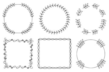 Elegant Floral Frames: A collection of six charming hand-drawn frames, featuring delicate leaf and floral motifs in a simple, black and white line art style, perfect for design projects.