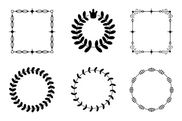 Six Elegant Monochrome Frames: A collection of vector line art frames, including square and circular designs with floral and geometric motifs, ideal for design projects.