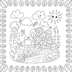 Whimsical Mountain Village: A charming black and white line art illustration depicts a cute house nestled in a playful mountain landscape, featuring happy clouds and a smiling sun.