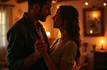 Couple shares romantic slow dance in warm candlelight. Country ambiance, intimacy, connection, celebration, love, nostalgia, togetherness, tenderness, fairytale, evening, charming moment, southern,