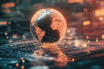 Spinning globe illuminated by digital technology and binary code on a computing board, spinning globe over computing board and binary coding