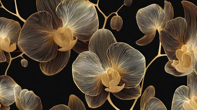 Luxury elegant gold orchids floral line arts pattern and black background. Topical flower wallpaper design, Fabric, surface design. Vector illustration., no logos, no brands