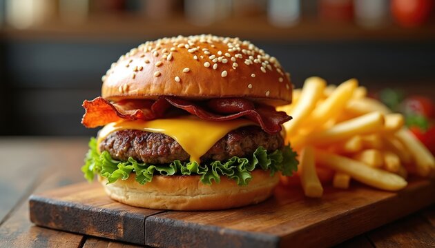 Juicy bacon cheeseburger with fresh lettuce on sesame seed bun. Served with golden french fries on wooden board. Gourmet fast food meal, handcrafted burger experience for food lovers.