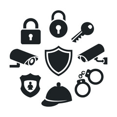Security System Icons Set Vector Illustration: Shield, Padlock, Key, CCTV Camera, Handcuffs, and Police Hat for Protection, Surveillance, and Law Enforcement