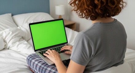 A person staring at a green screen of a laptop