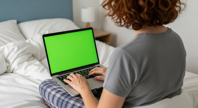 A person staring at a green screen of a laptop