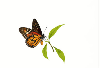 Obraz premium Monarch butterfly perched on green leaf against white background 