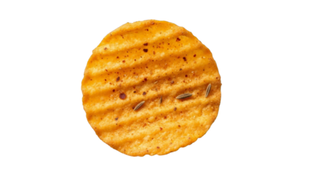 Crispy ridged potato chip seasoned with spices, delightfully isolated, presented on a clean transparent background