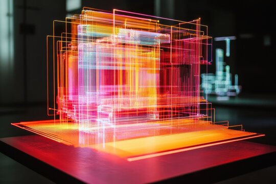 Visual representation of data processing using illuminated diagrams and light frames in a contemporary setting, data processing over diagrams and light frames