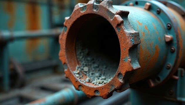 Rusted industrial pipe end with sediment inside. Copper tube shows buildup, corrosion. Maintenance concept for water systems, boilers, heat exchangers. Focus on industrial machinery, infrastructure.