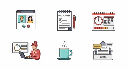 Fototapeta premium Colorful Vector Icons: Daily Planning, Video Conferencing, and Productivity