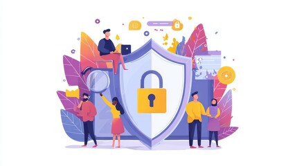 Protection shield with lock, magnifier and users working with protected data. Internet security, privacy and data protection, safe work concept. Vector isolated illustration., no logos, no brands