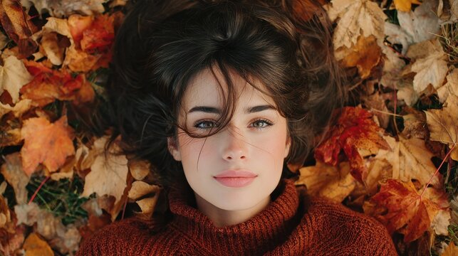 season and people concept - beautiful young woman with autumn maple leaves lying on ground, no logos, no brands