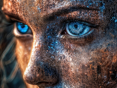 Half-human, half-machine portrait, AI circuits blending with human skin, eye glowing with data stream, hyperrealistic, elegant lighting, transhumanism concept, sci-fi tone