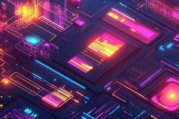 Vibrant digital icons and data processing display over a futuristic computer surface, digital icons and data processing over computer servers