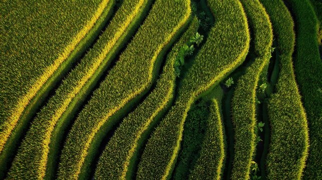 Terraced rice paddies in a vibrant green and yellow hue.