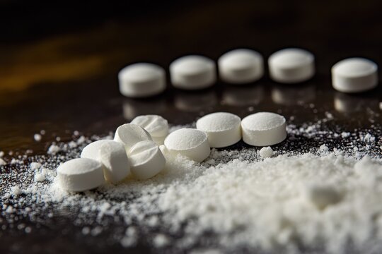 Molecule of diazepam valium posed with tablets on dark surface showcasing structure and form, Diazepam (Valium) molecule