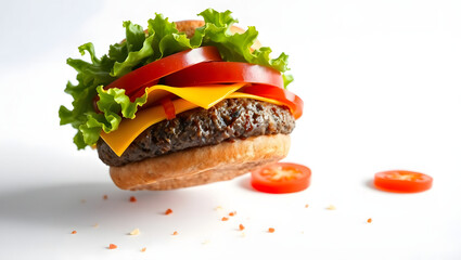 Crispy Fried Chicken Burger with Lettuce, Cheese, and Spicy Sauce on Sesame Bun – Isolated on White Background