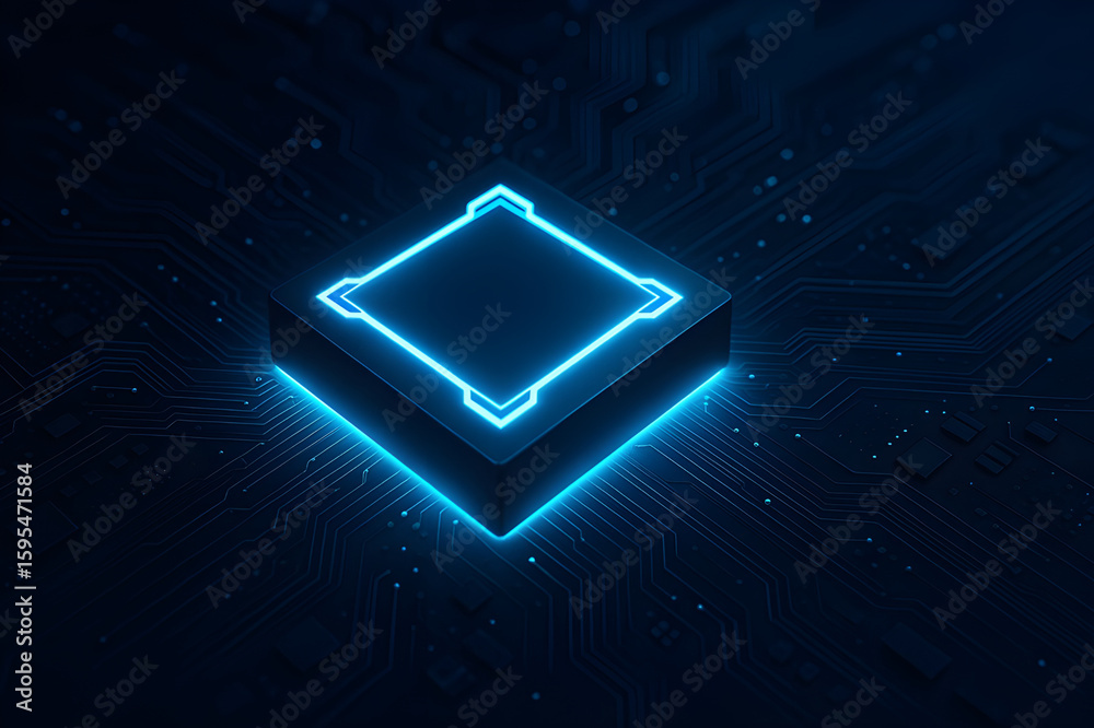 Fototapete Futuristic glowing microchip on dark circuit board background with neon blue light, symbolizing advanced technology, innovation, and digital computing