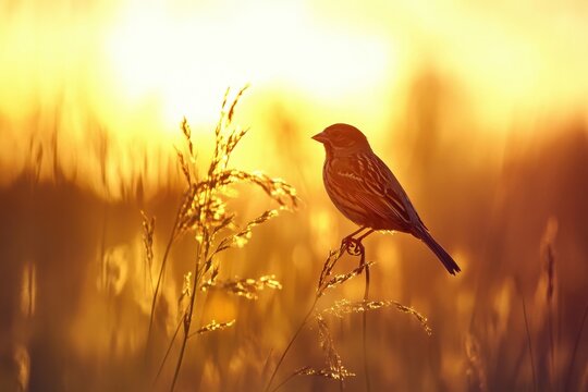 Corn bunting perched on a branch at sunset in a golden field, Corn bunting on branch, miliaria calandra Singing bird