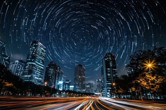 Night city lights and twinkling stars create a mesmerizing time lapse of urban life and celestial beauty, Time lapse, night city scene and twinkling stars in the sky - Powered by Adobe