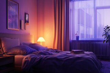 Cozy modern bedroom with warm lighting for a restful sleep experience at twilight, realistic modern bedroom, world sleep day