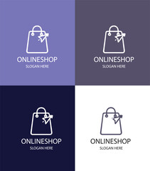 A sleek collection of four logo designs for an online shop, featuring a shopping bag and airplane motif. Each design presents a modern aesthetic with varying color backgrounds, making it ideal for e-c
